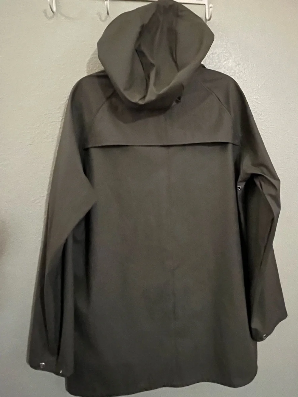 Men's Jack and Jones Hooded Olive Green Raincoat with Snap Front.